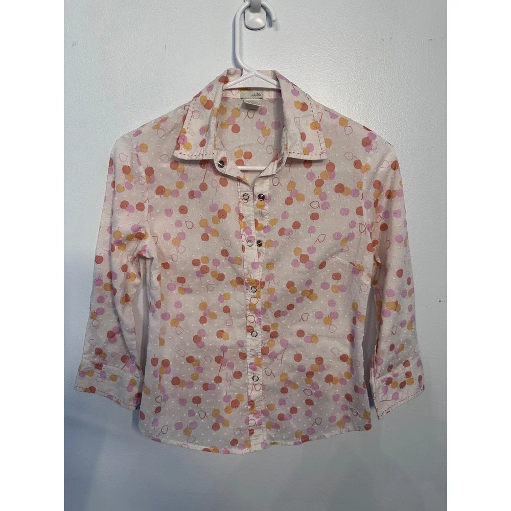 Odille Anthropologie Fruit Heart Swiss Dot Snap Button Blouse White Pink Size 2 - Picture 1 of 6